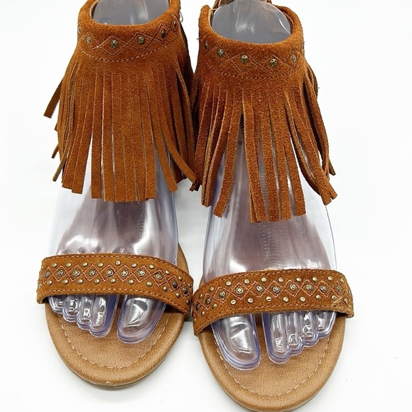Minnetonka Savona Fringed Sandals‎ Women's 6 Brown Leather Moccasins - Picture 2 of 8